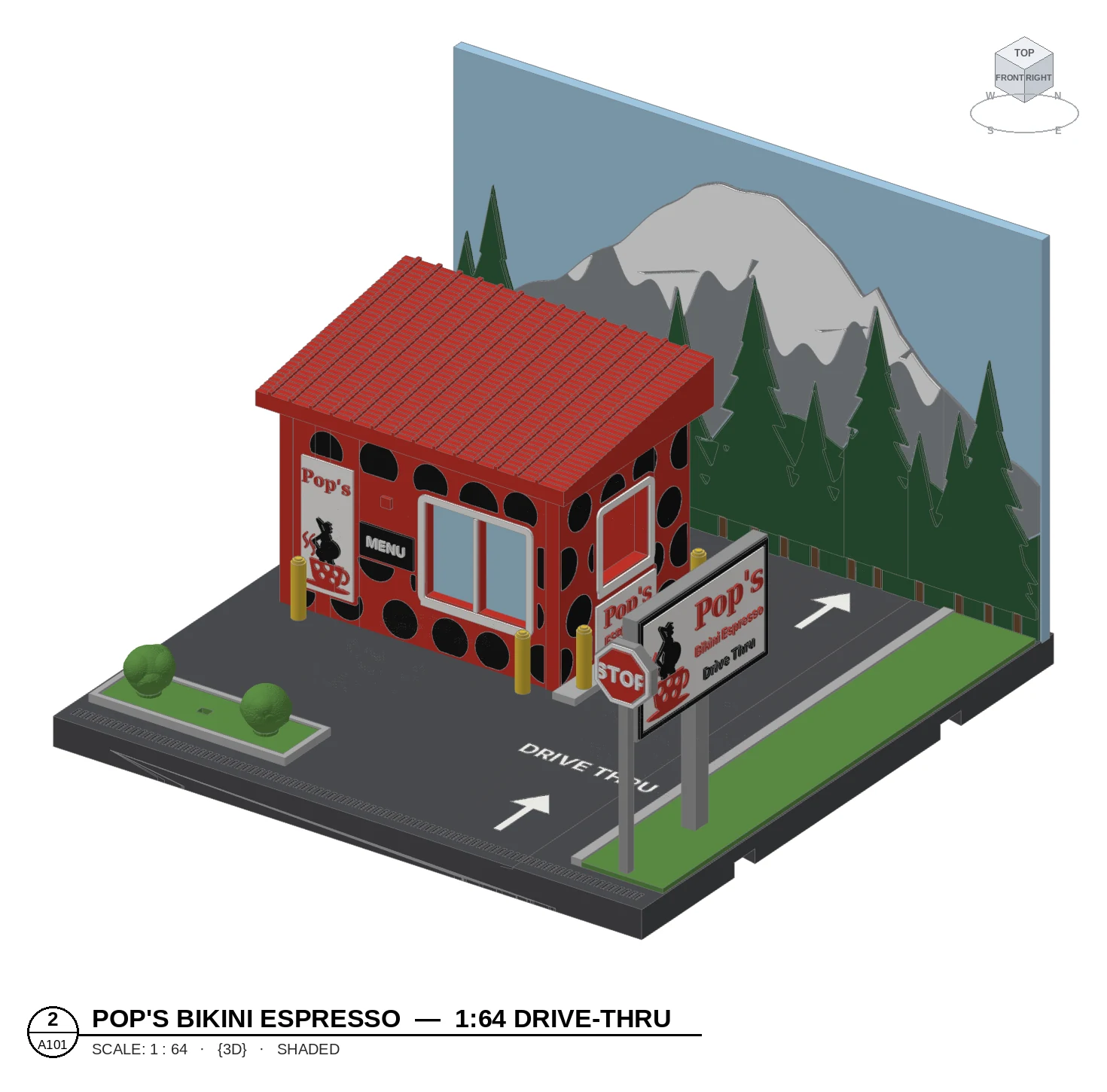 Shaded 3D model view of Pop's Bikini Espresso, a 1:64 red polka-dot drive-thru coffee hut with a Mount Rainier backdrop, pole sign and stop sign.