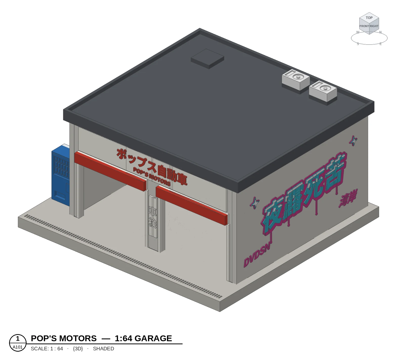 Shaded 3D model view of Pop's Motors, a 1:64 two-bay garage with a red Japanese sign, rooftop AC units, a graffiti side wall and a vending machine out front.